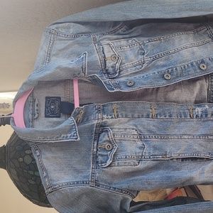 Women's small lucky brand distressed faded denim Jean jacket
